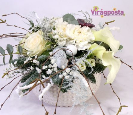 Virágposta - Hófehér! - téli virágtál rózsákkal, kálákkal