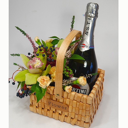 Virágposta - Virágkosár orchideákkal és Martini pezsgővel