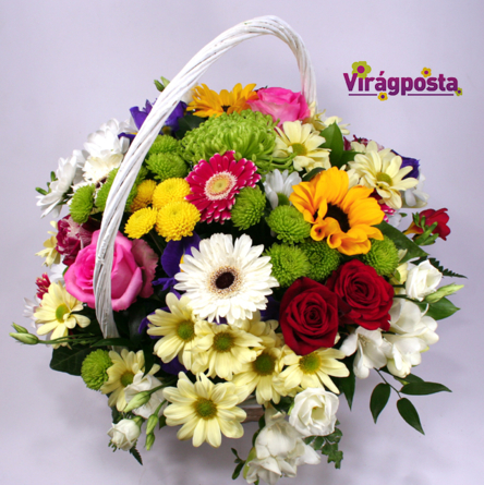 Virágposta - Szivárványos nyár - Virágkosár rózsákkal és nyári virágokkal